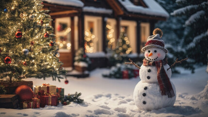 snowman on the background of a house with Christmas decorations