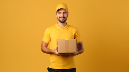 Delivery person company employee Warehouse keeper In uniform and hat Ready to work happily