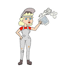freehand drawn cartoon hard working woman with beer