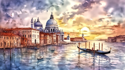 watercolor painting of venice city of italy at sunset background