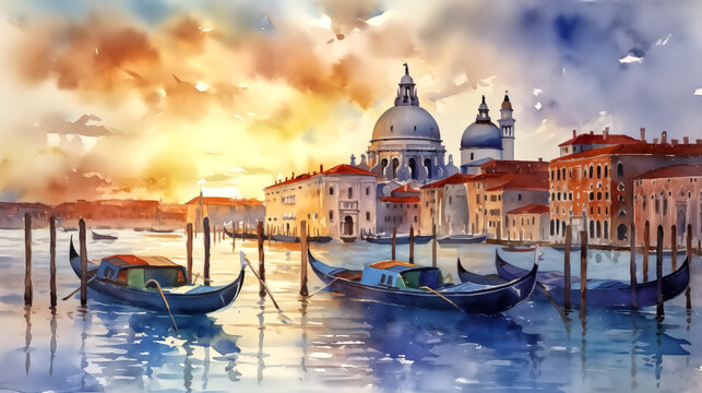 watercolor painting of venice city of italy at sunset background