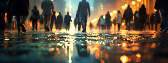 People are walking in rain in city at grey evening, wet road and beautiful light reflections