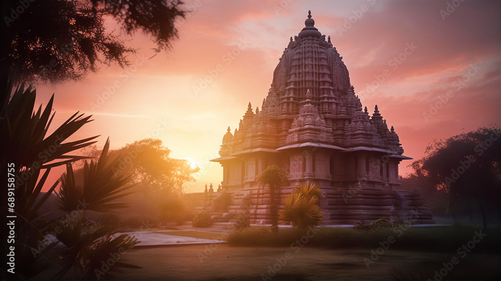 Wall mural beautiful old asian hindu temple at sunset.