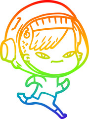 rainbow gradient line drawing of a cartoon astronaut woman