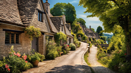 Beautiful idyllic old English village street with cottages made of stone and front garden with flowers, - obrazy, fototapety, plakaty