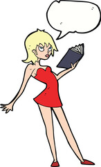 cartoon woman reading book with speech bubble
