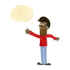 cartoon happy man waving with thought bubble