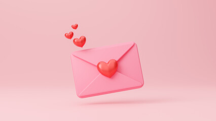 Happy valentine day greeting message in love concept. Love letter envelope with notification new message. Minimal email letter with heart pop up icon. Romantic love letter. 3d rendering illustration - obrazy, fototapety, plakaty