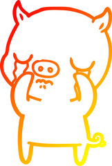 warm gradient line drawing of a cartoon pig crying