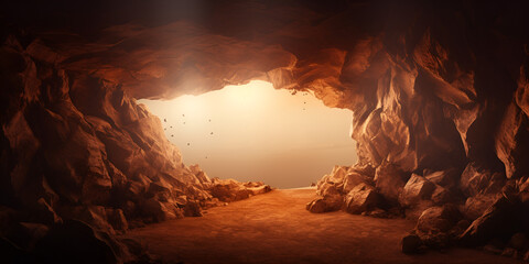 Cave,Sunrise inside cave, Digital art,Desert scene with a cave background, natural light and artificial illumination, a cave bathed in warm sunset light,created with Generative AI