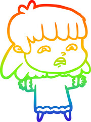 rainbow gradient line drawing of a cartoon worried woman