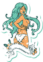 distressed sticker tattoo in traditional style of a pinup viking girl with banner