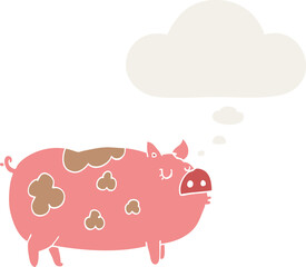 cartoon pig with thought bubble in retro style