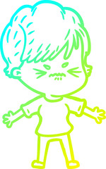 cold gradient line drawing of a cartoon frustrated woman