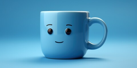 Not Sad blue mug with smiling emoji, on a blue background, blue monday, copy space, banner