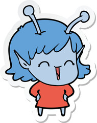 sticker of a cartoon happy alien girl