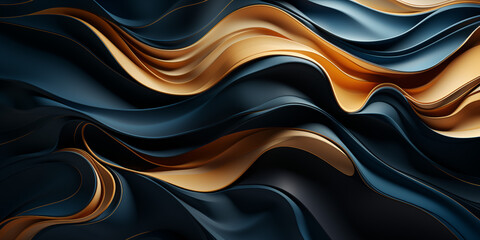 Obraz premium Wellenmotiv in gold mit blauen Farben als Hintergrundmotiv für Webdesign im Querformat für Banner, ai generativ