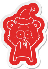 excited teddy bear quirky cartoon  sticker of a wearing santa hat