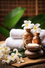 Obraz na płótnie Canvas Thai Massage Spa Therapy with Herbal Towel Compress Ball, Coconut Oil, Perfume, Cosmetics, and Plumeria Flower on Massage Bed created with Generative Ai