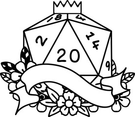 Black and White Tattoo linework Style natural twenty D20 dice roll