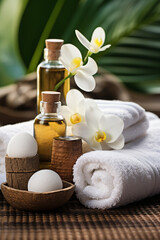 Thai Massage Spa Therapy with Herbal Towel Compress Ball, Coconut Oil, Perfume, Cosmetics, and Plumeria Flower on Massage Bed created with Generative Ai