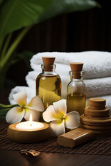 Fototapeta na wymiar Thai Massage Spa Therapy with Herbal Towel Compress Ball, Coconut Oil, Perfume, Cosmetics, and Plumeria Flower on Massage Bed created with Generative Ai