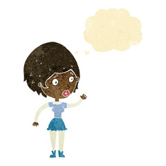 cartoon woman waving with thought bubble