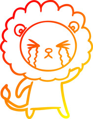 warm gradient line drawing of a cartoon crying lion