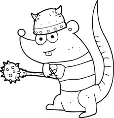 freehand drawn black and white cartoon rat warrior