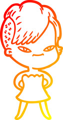 warm gradient line drawing of a cute cartoon girl with hipster haircut