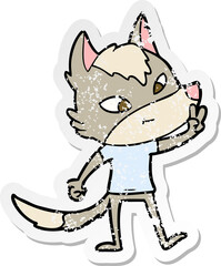 distressed sticker of a friendly cartoon wolf giving peace sign