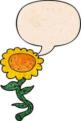 cartoon sunflower with speech bubble in retro texture style