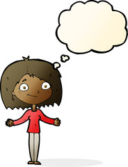 cartoon woman shrugging shoulders with thought bubble