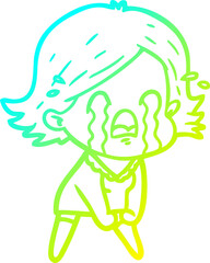 cold gradient line drawing of a cartoon woman crying