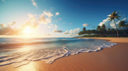Fototapeta na wymiar Tropical beach with palm trees and blue sky, panorama