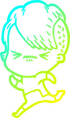 cold gradient line drawing of a cartoon annoyed hipster girl