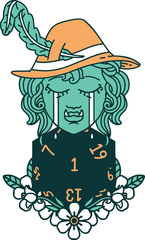 Retro Tattoo Style sad half orc bard character with natural one d20 roll