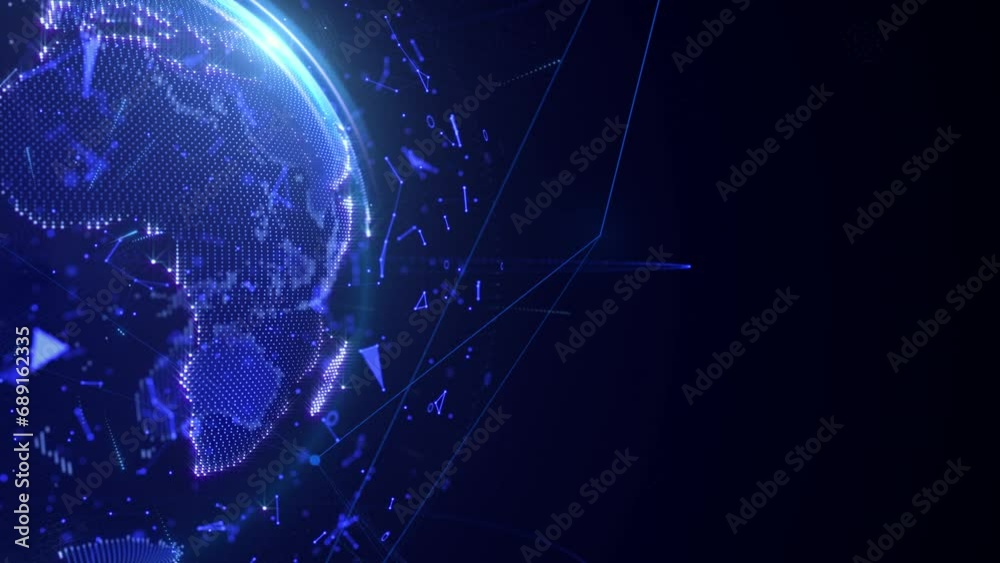 Poster Digital earth global data network connection rotating on the left side of blue space background. Technology futuristic world map sphere with lens flare 4K motion background.