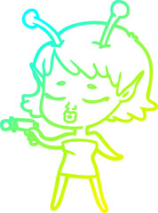 cold gradient line drawing of a cute alien girl cartoon