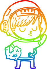 rainbow gradient line drawing of a cartoon astronaut woman