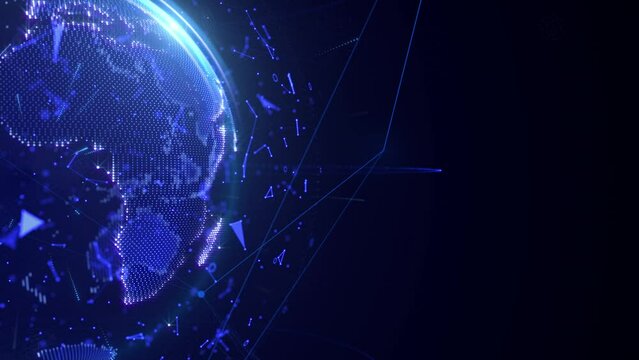 Digital earth global data network connection rotating on the left side of blue space background. Technology futuristic world map sphere with lens flare 4K motion background.
