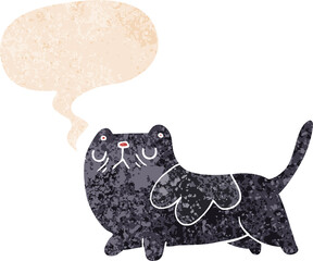 cartoon cat with speech bubble in grunge distressed retro textured style