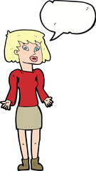 cartoon woman shrugging shoulders with speech bubble