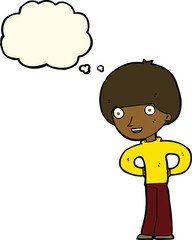 cartoon happy boy with hands on hips with thought bubble