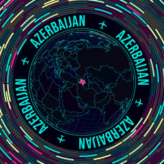 Azerbaijan on globe. Satelite view of the world centered to Azerbaijan. Bright neon style. Futuristic radial bricks background. Vibrant vector illustration.