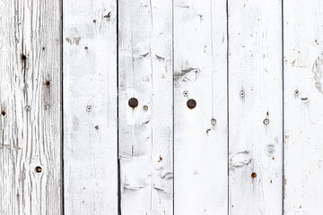 White old wood background. Old grungy and weathered white grey painted wooden wall plank texture background marked by long exposure to the elements outdoors and with paint peeling off. - 689162923