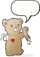 cartoon teddy bear with torn arm with speech bubble