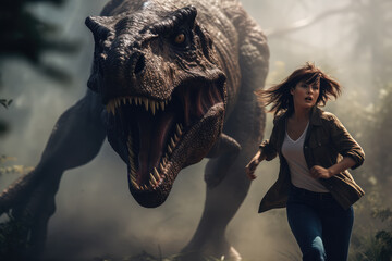 Woman Escapes From Tyrannosaurus. Сoncept Fantasy Adventure, Action-Packed, Prehistoric Escape, Courageous Heroine, Thrilling Pursuit