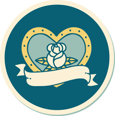 sticker of tattoo in traditional style of a heart rose and banner