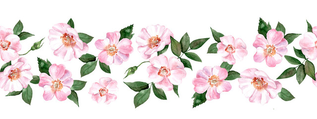 Watercolor Border with Rosehip flowers. Illustration of pink wild roses with leaves isolated on white background. Drawing for design of invitations and food labels